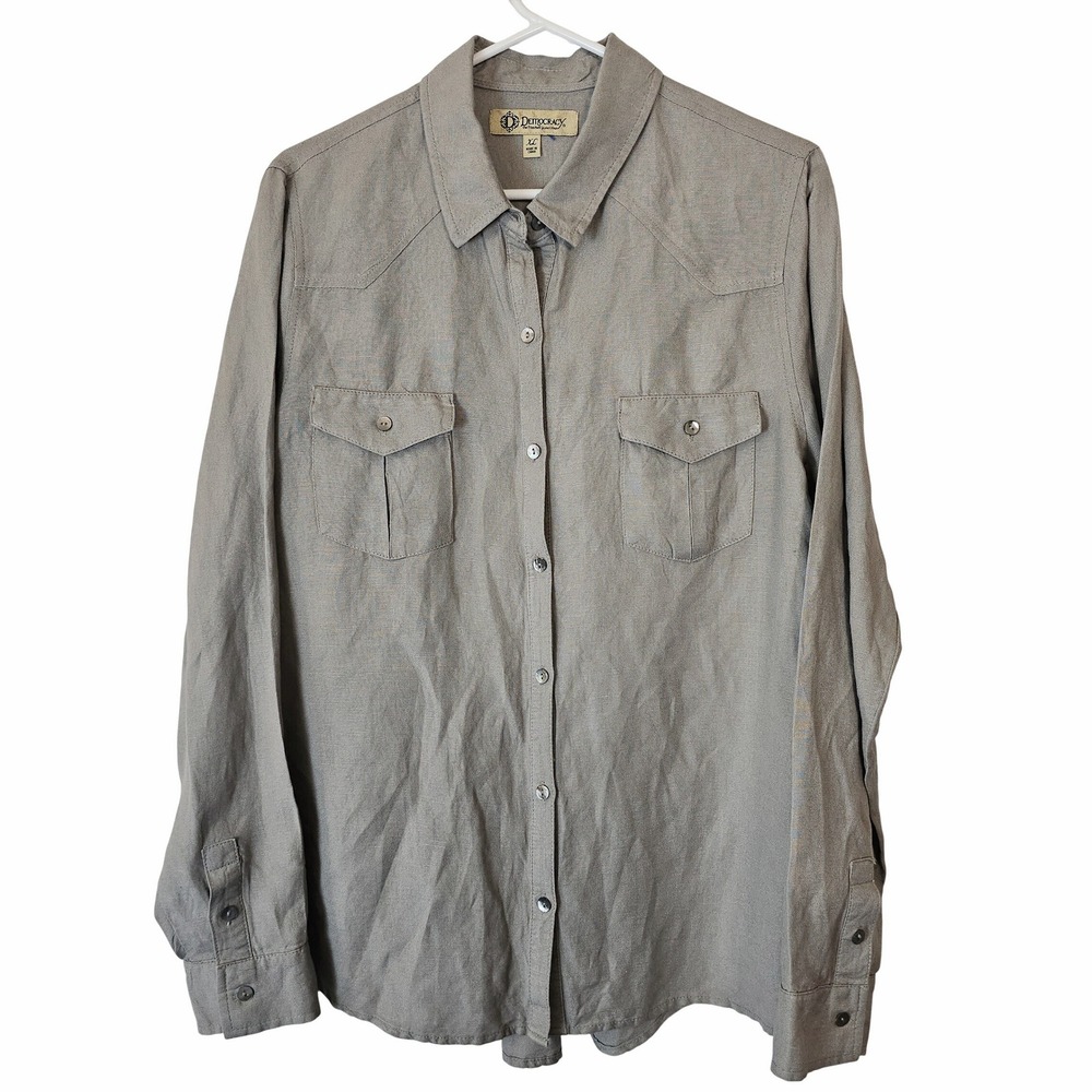 Democracy Women XL Taupe Linen Blend Western Yoke Button Down Utility Shirt NWOT